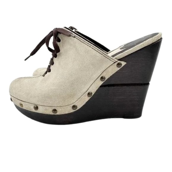 Diane Von Furstenberg Emerson Mule Clogs 8.5 Beige Suede Studded Wedge - Picture 2 of 7